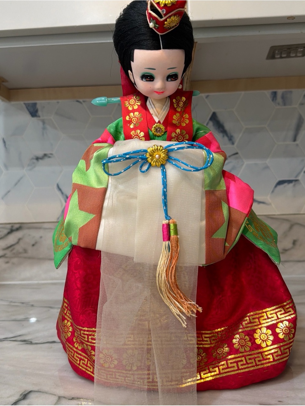 Oriental Doll 10" Ornate Costume, Inscription handmade